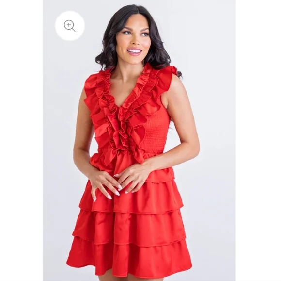 KARLIE Satin Ruffle Smock Dress in Red. Size  M NWOT - Picture 2 of 14